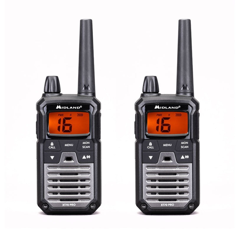 Two walkie talkies with digital displays on a white background