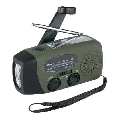 Green and black emergency radio with flashlight on a white background