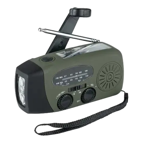 Green and black emergency radio with flashlight on a white background