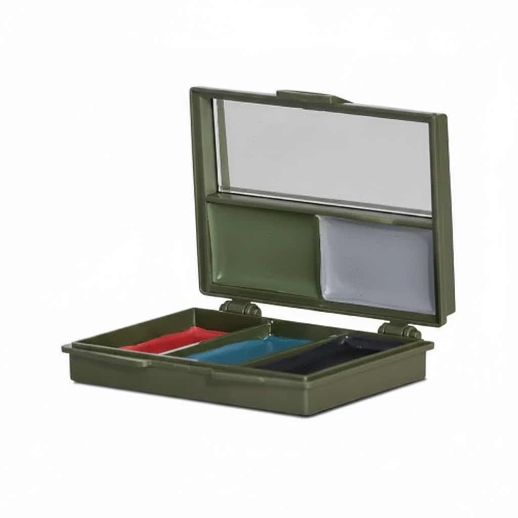 Green paint sample box with red, blue, and black samples on a white background
