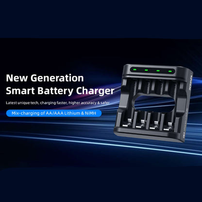 Smart battery charger with text on a dark background