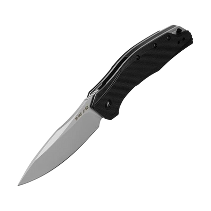 Folding knife with a black handle on a white background