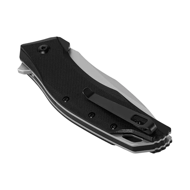 Folding knife with black handle and silver blade on a white background