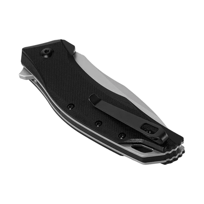 Folding knife with black handle and silver blade on a white background