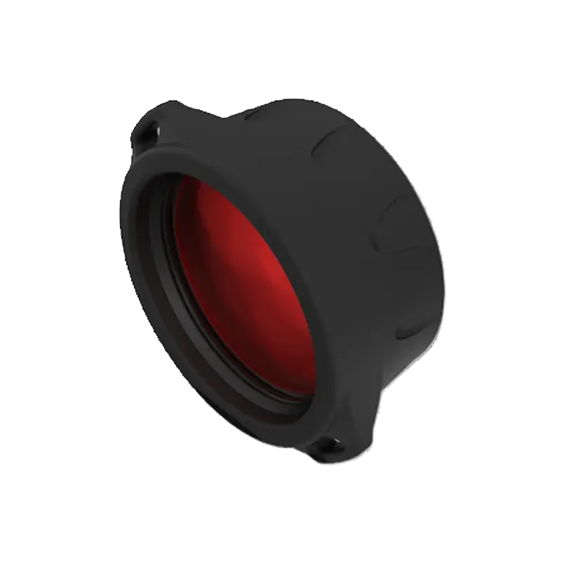 Black camera lens cover with red interior on a white background