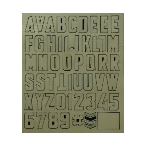 Sheet of metallic letters and numbers on a white background