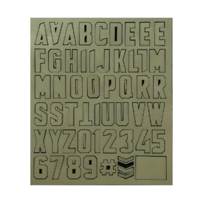 Sheet of metallic letters and numbers on a white background