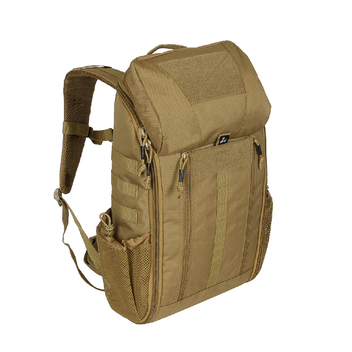A tan tactical backpack with multiple zippered compartments, side mesh pockets, and padded shoulder straps, shown on a plain white background.