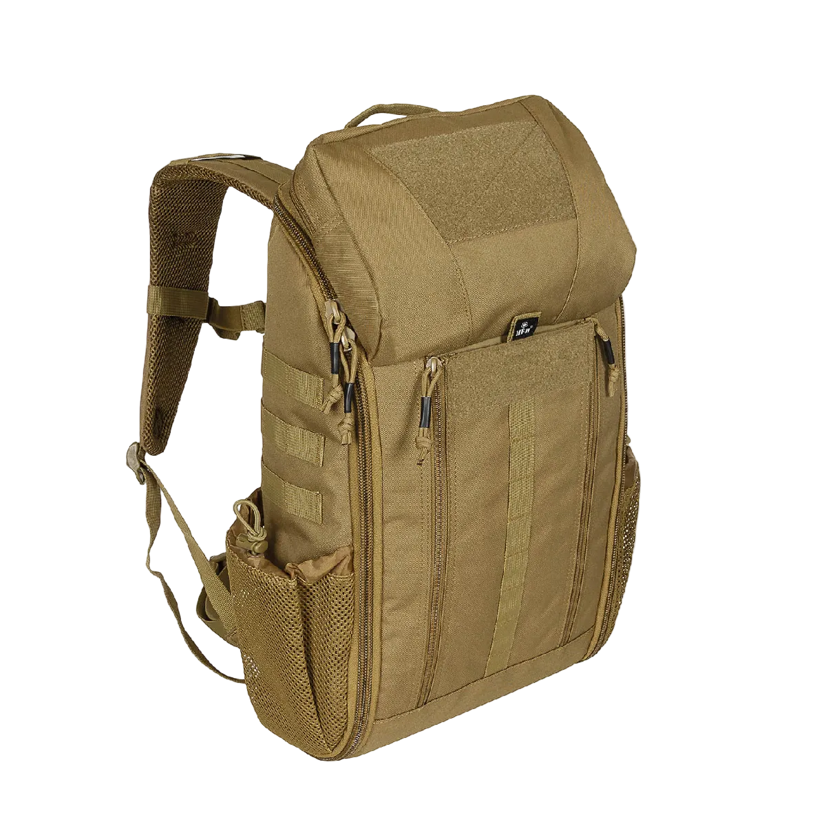 A tan tactical backpack with multiple zippered compartments, side mesh pockets, and padded shoulder straps, shown on a plain white background.