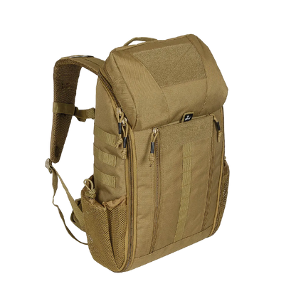 A tan tactical backpack with multiple zippered compartments, side mesh pockets, and padded shoulder straps, shown on a plain white background.