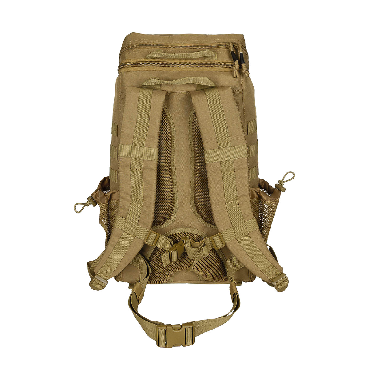 A tan tactical backpack shown from the back, featuring padded shoulder straps, mesh ventilation panels, side mesh pockets, and a bottom carrying strap with a quick-release buckle, photographed on a solid white background.