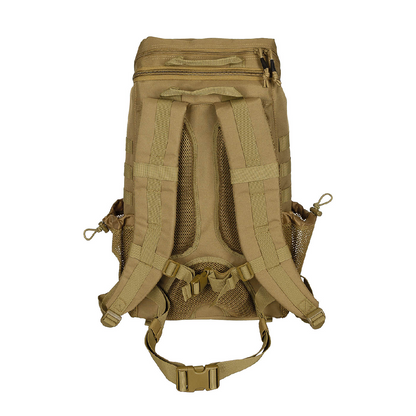 A tan tactical backpack shown from the back, featuring padded shoulder straps, mesh ventilation panels, side mesh pockets, and a bottom carrying strap with a quick-release buckle, photographed on a solid white background.