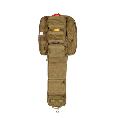A tan tactical medical pouch shown open against a solid white background, displaying multiple compartments, velcro panels, and zipper pockets.