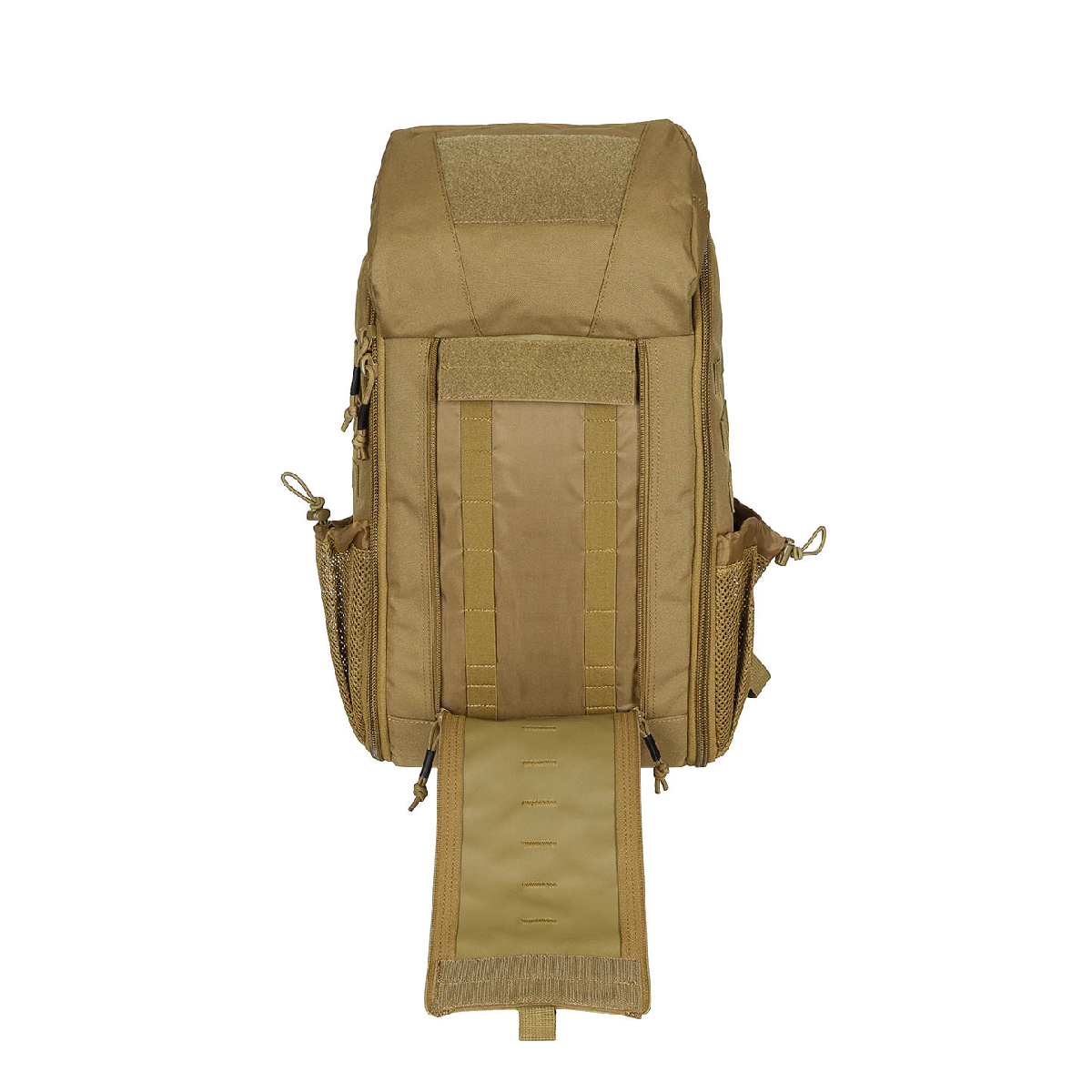 A tan tactical backpack shown from the back, featuring multiple zippered compartments, side mesh pockets, and a detachable padded strap hanging from the bottom, photographed on a solid white background.
