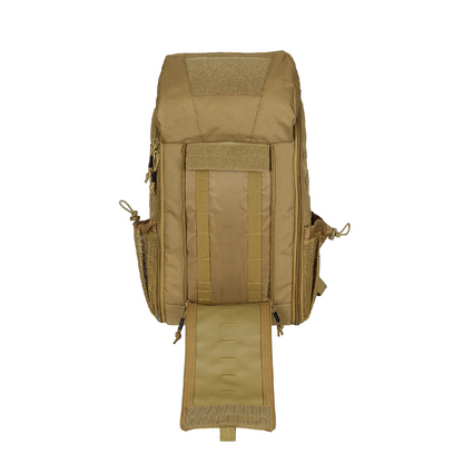 A tan tactical backpack shown from the back, featuring multiple zippered compartments, side mesh pockets, and a detachable padded strap hanging from the bottom, photographed on a solid white background.