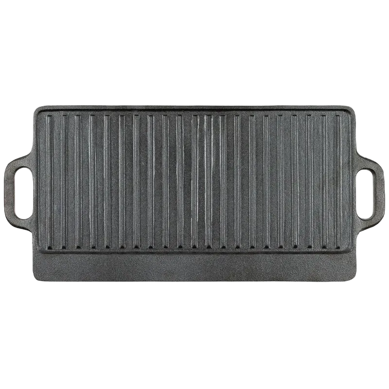 Black rectangular cast iron grill pan on a white background