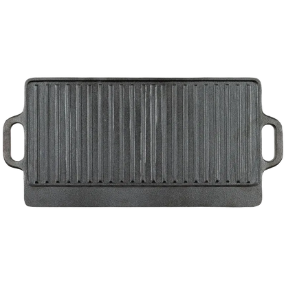 Black rectangular cast iron grill pan on a white background