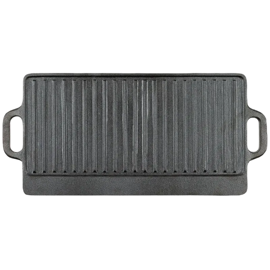 Black rectangular cast iron grill pan on a white background