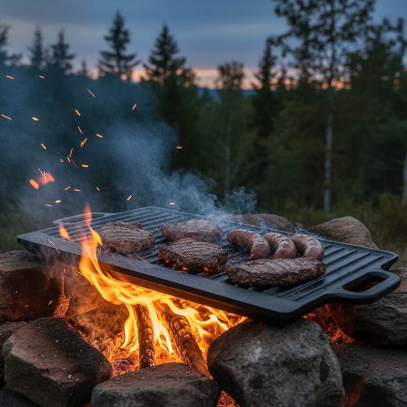 Grilling burgers over an open fire with a forest background