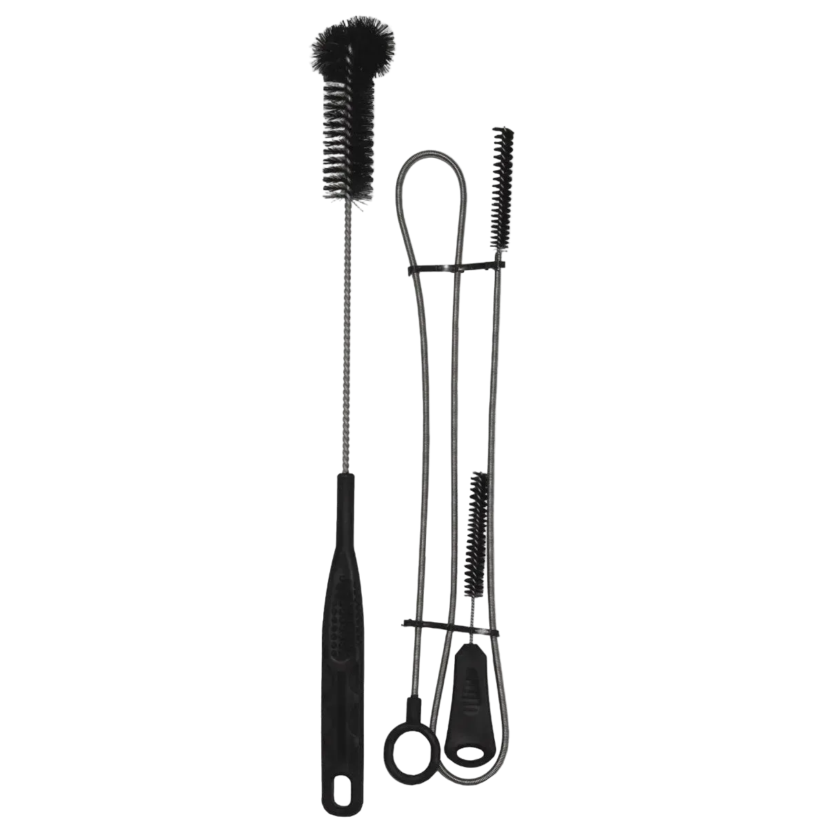 Set of black cleaning brushes on a white background