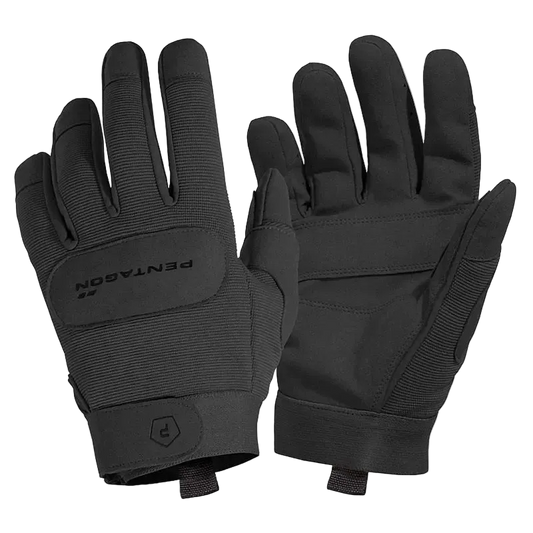 Black tactical gloves with Pentagon logo on a white background