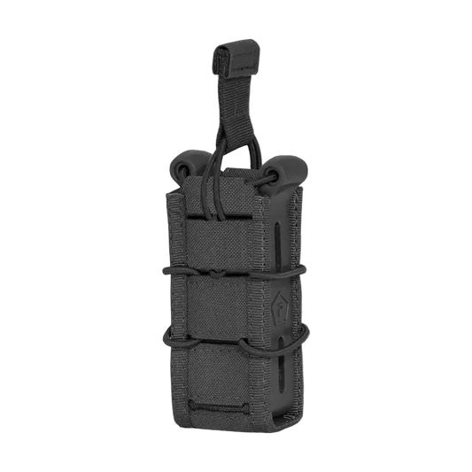 Black tactical magazine pouch on a white background