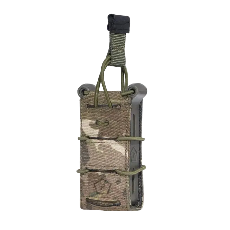 Multicam tactical magazine pouch with green strap on a white background