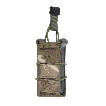 Multicam tactical magazine pouch with green strap on a white background