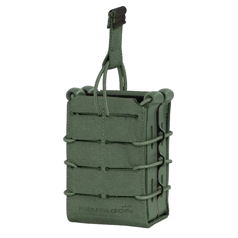 Green tactical magazine pouch with straps on a white background