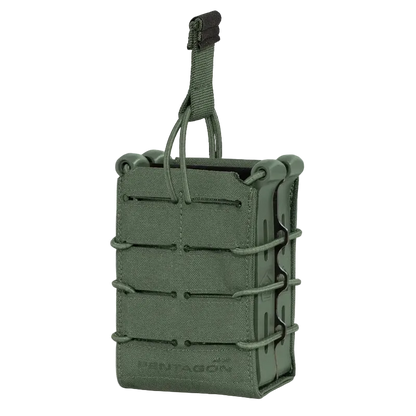 Green tactical magazine pouch with straps on a white background