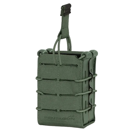 Green tactical magazine pouch with straps on a white background
