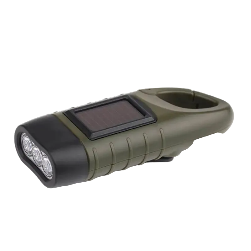 Green flashlight with solar panel on a white background