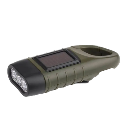 Green flashlight with solar panel on a white background