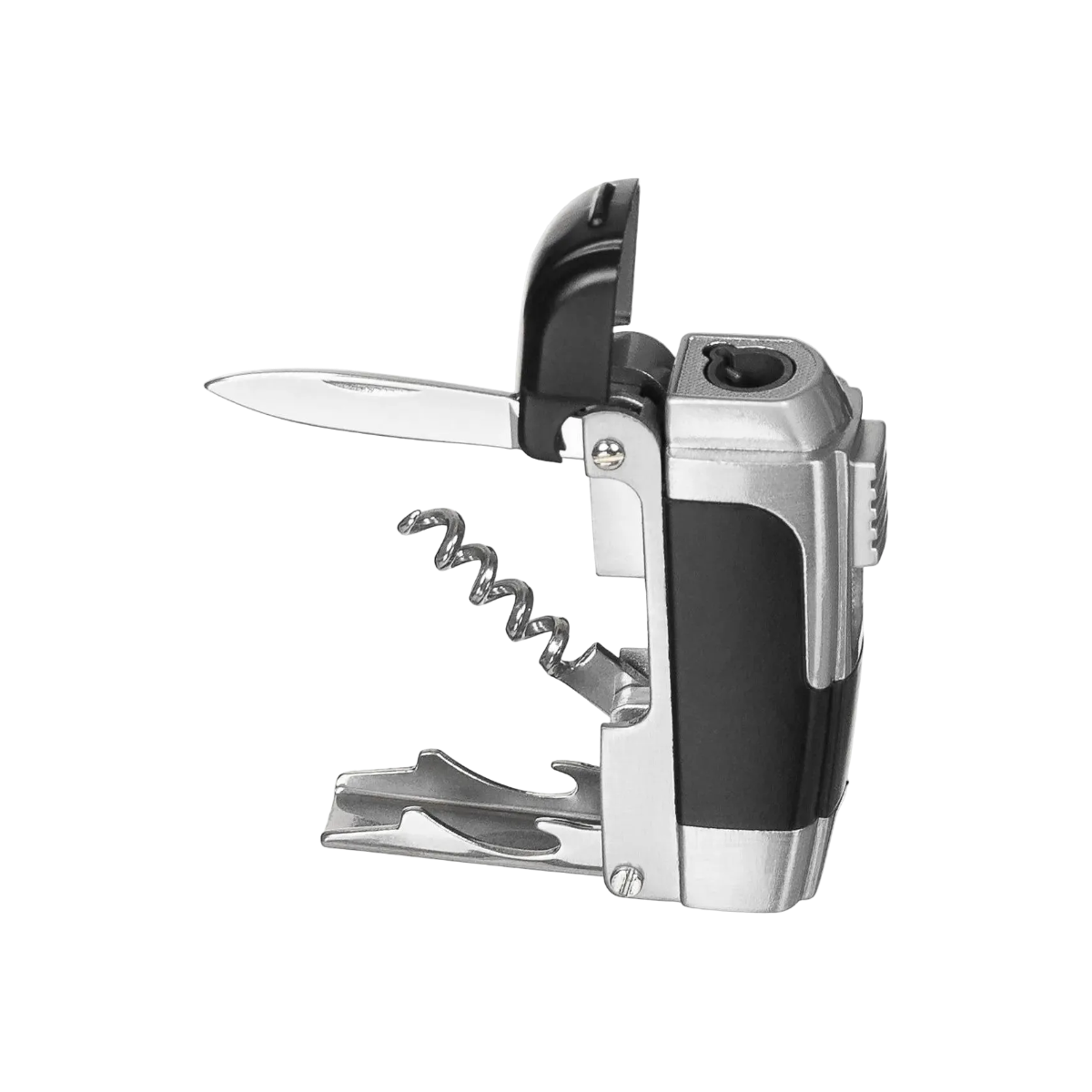 Multi-tool with knife, corkscrew, and bottle opener on a white background
