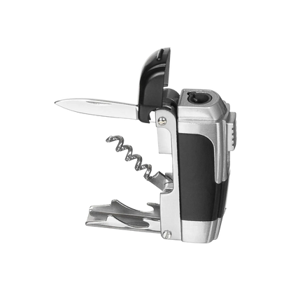 Multi-tool with knife, corkscrew, and bottle opener on a white background