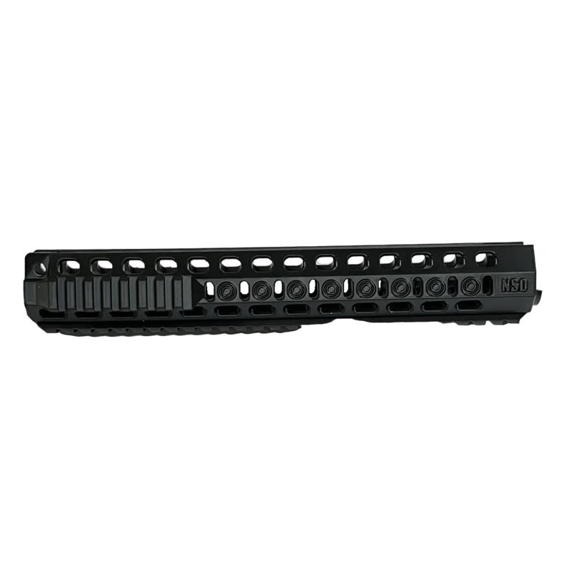 Black tactical rail system on a white background