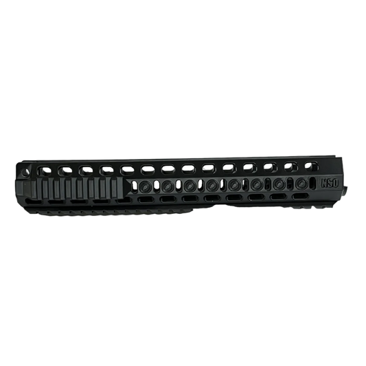 Black tactical rail system on a white background