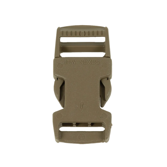 A tactical plastic quick-release buckle in coyote brown, featuring embossed branding that reads 'ITTW NEXUS' on the front, set against a plain white background.