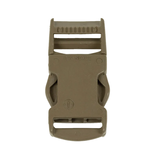 A tactical quick-release buckle in coyote brown, featuring the embossed brand name '11W NEXUS' on the front, set against a plain white background.