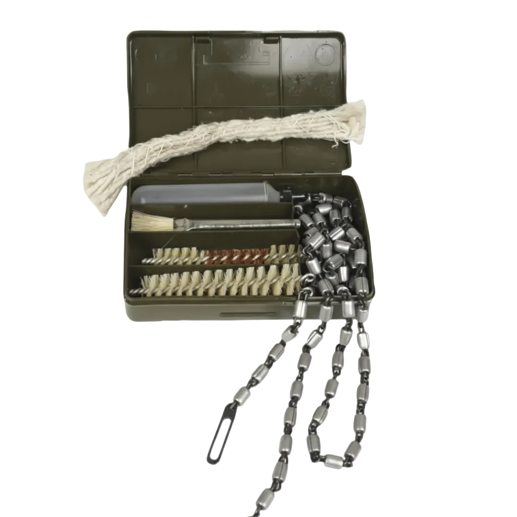 An open olive green metal tool case containing a set of cleaning or maintenance tools, including a white cord, a brush, and several silver metal chain-like pieces, shown on a transparent checkerboard background.