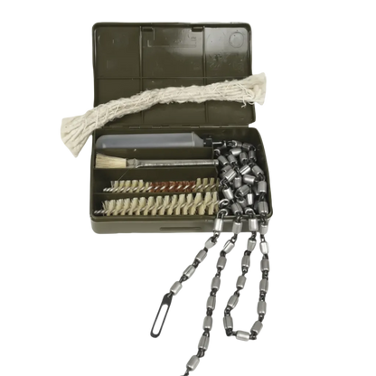 An open olive green metal tool case containing a set of cleaning or maintenance tools, including a white cord, a brush, and several silver metal chain-like pieces, shown on a transparent checkerboard background.