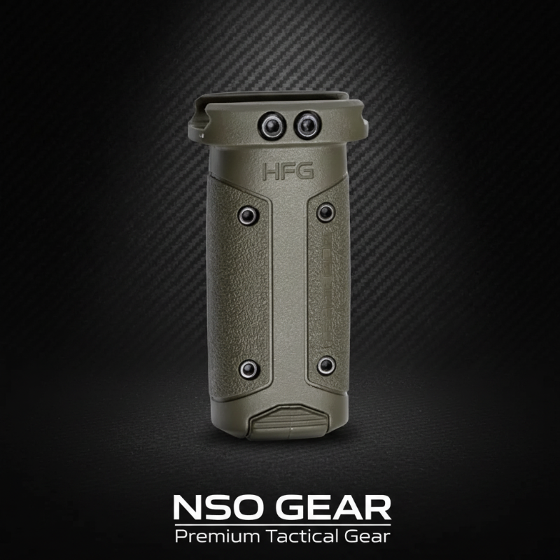 Tactical gun grip with 'HFG' branding on a dark carbon fiber background, featuring 'NSO Gear' branding at the bottom.