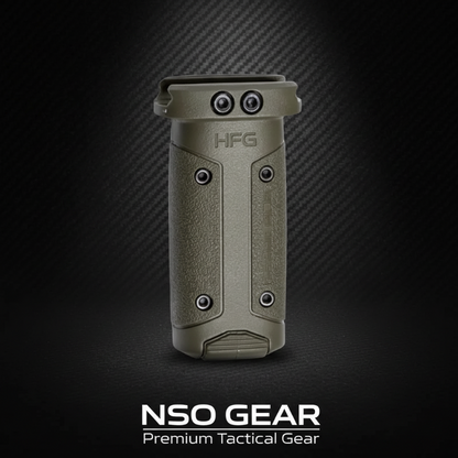 Tactical gun grip with 'HFG' branding on a dark carbon fiber background, featuring 'NSO Gear' branding at the bottom.