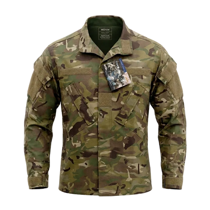 Camouflage military jacket with a tag on a white background