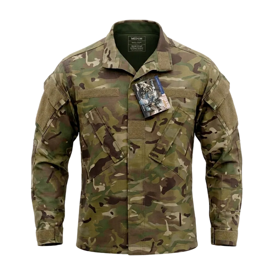 Camouflage military jacket with a tag on a white background