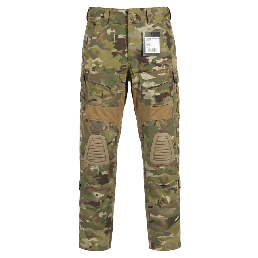 Camouflage tactical pants with knee pads on a white background