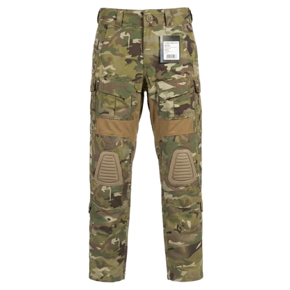 Camouflage tactical pants with knee pads on a white background