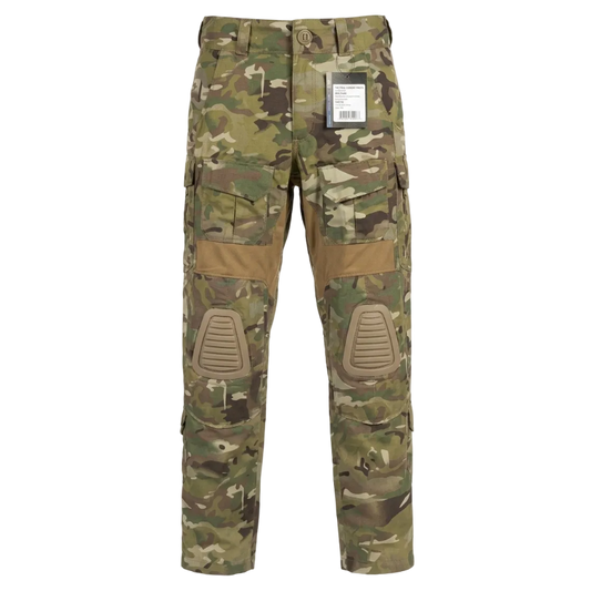 Camouflage tactical pants with knee pads on a white background