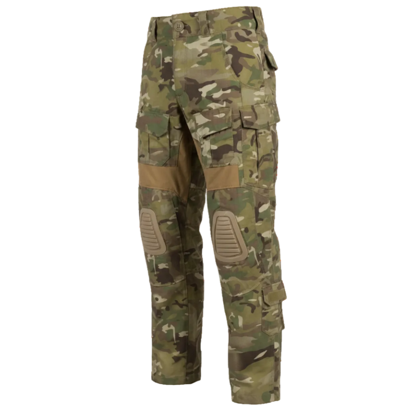 Camouflage tactical pants with knee pads on a black background