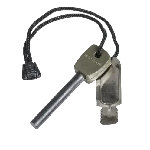 Metal fire starter with rope on a white background